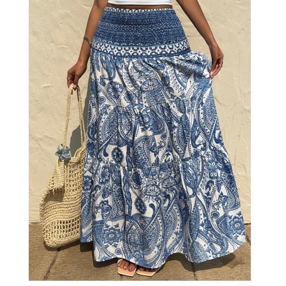 Boho Floral Print Shirred High Waisted Maxi Skirt